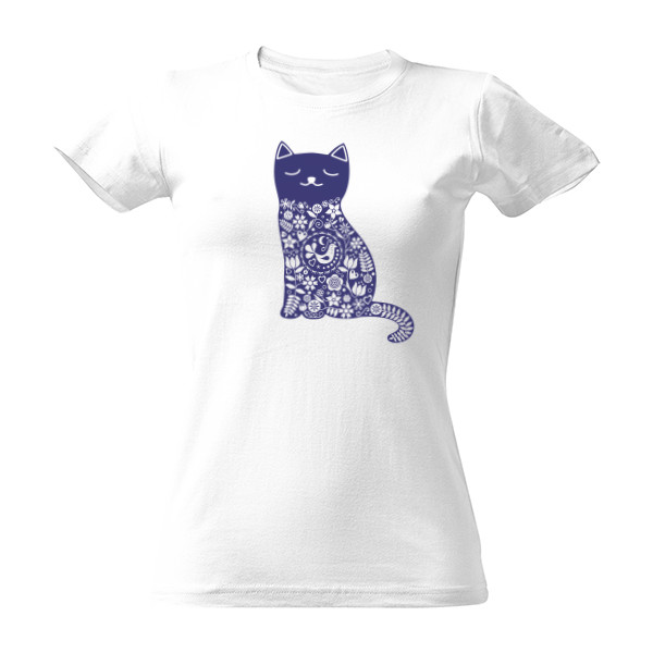 Tričko s potiskem Indigová kočka - lidový vzor